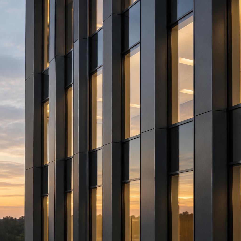 Modern building facade with dark metal panels and softly lit windows